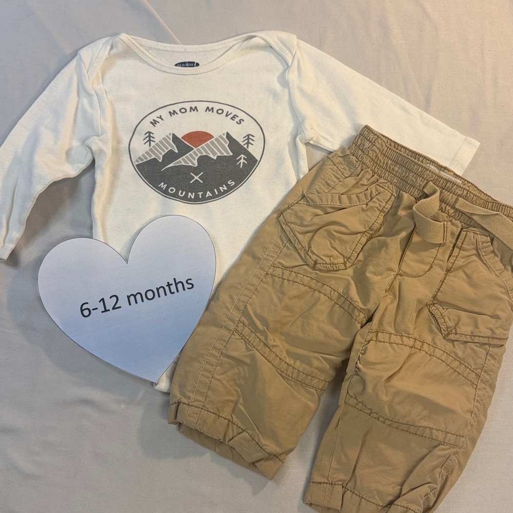 Old Navy - White Graphic Long sleeve Onesie and Tan Pants 2 piece Set